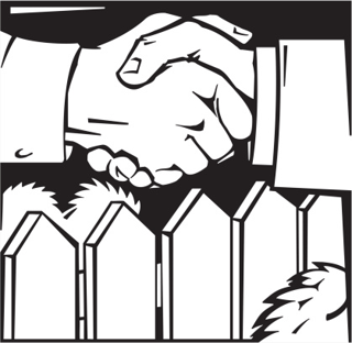 drawing of shaking hands over fence