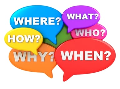 who, what, where, when, why, how in thought bubbles