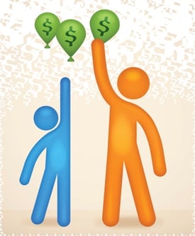illustration of stick figures reaching for money balloons